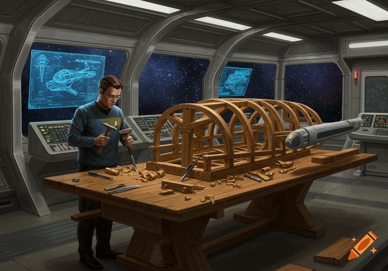Man in Star Trek uniform carves wood on a spaceship with a view of space and blueprints on screens, digital art.