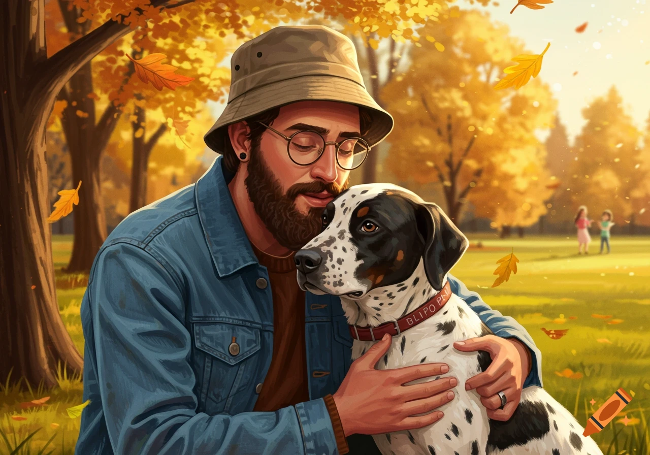 An illustrated man with a beard and bucket hat hugs a spotted dog in a vibrant autumn park with falling leaves.