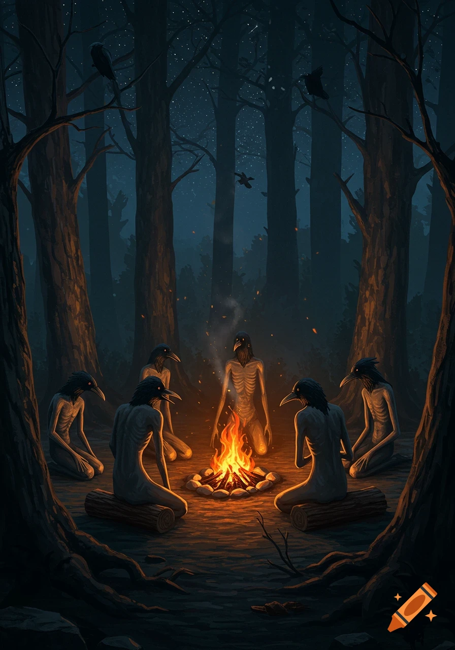 A dark fantasy painting of gaunt, raven-headed figures sitting around a campfire in a deep, dark forest under a starry night sky.