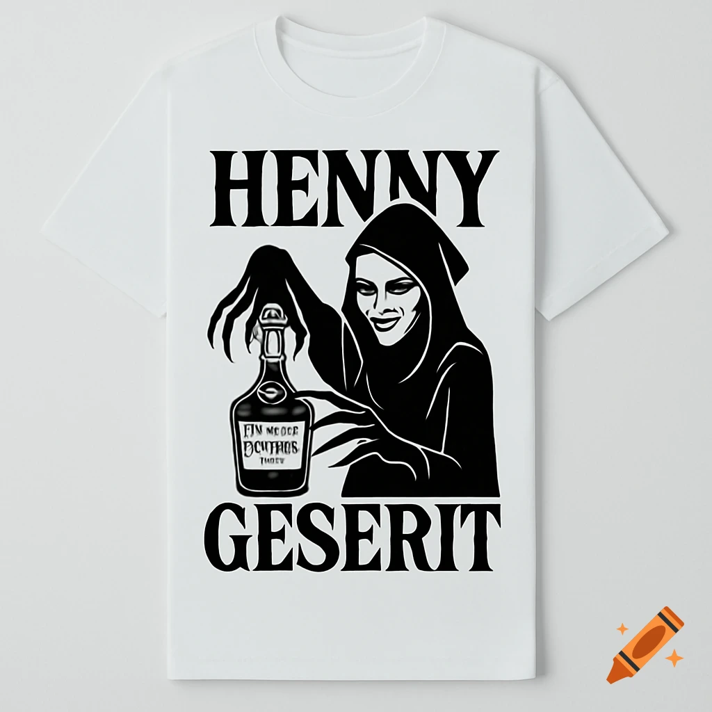 A white T-shirt with a black and white graphic. It features a hooded, sinister woman with claw-like fingers holding a liquor bottle. "HENNY" is at the top, "GESERIT" at the bottom.