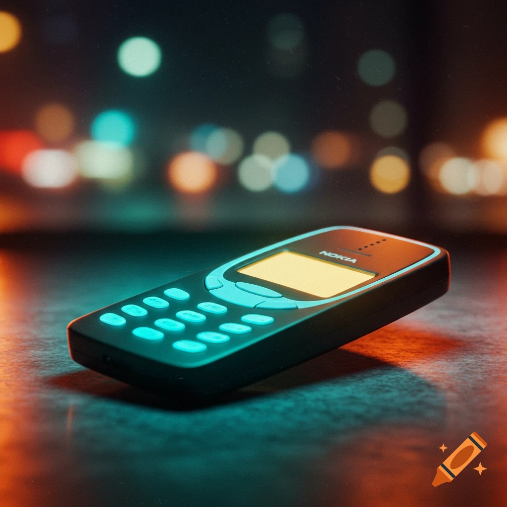 A retro Nokia phone with glowing teal keys and a yellow screen, set against a blurry background of colorful bokeh lights.