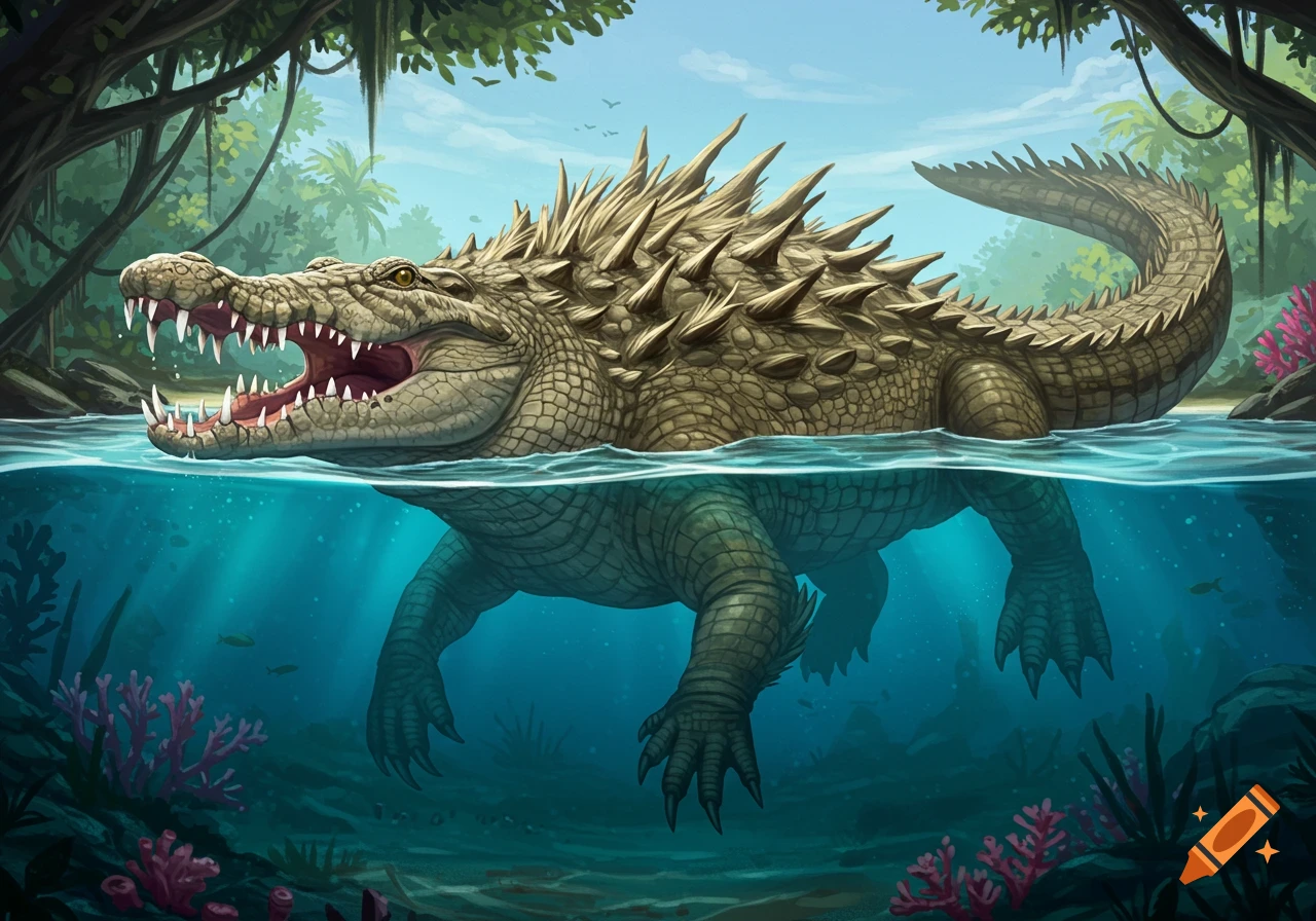 A large, spiky crocodile with its mouth open, half submerged in clear tropical water, with jungle foliage above and coral and small fish below.