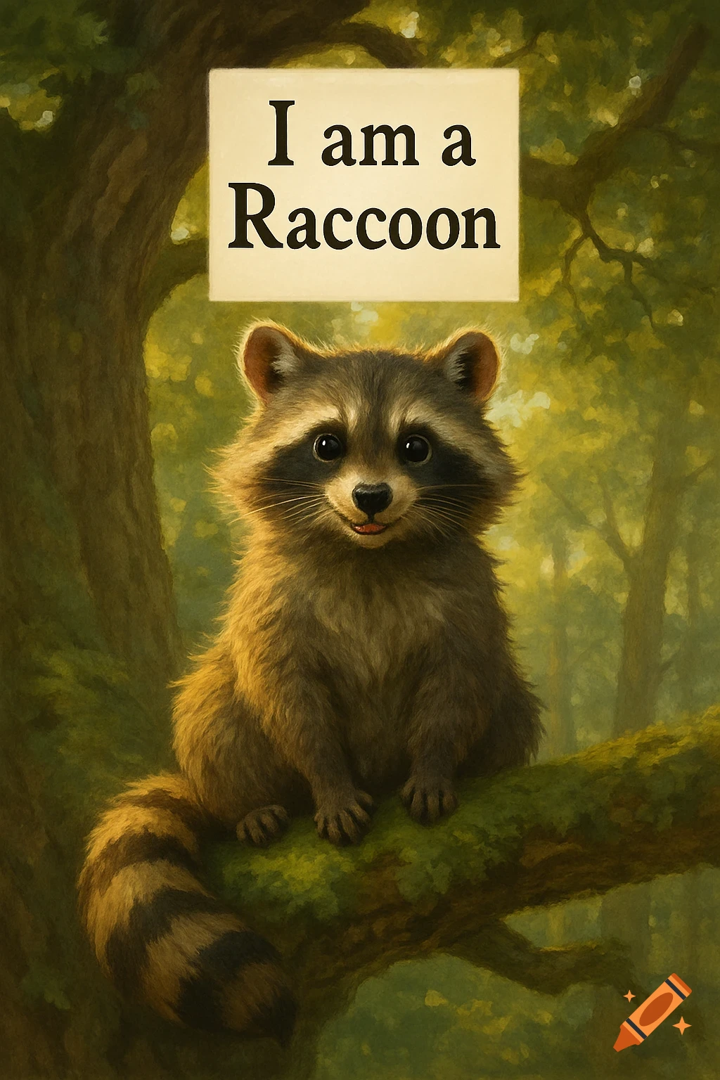A cute fluffy raccoon sits on a mossy tree branch in a lush green forest, with a white sign above its head reading 'I am a Raccoon'.
