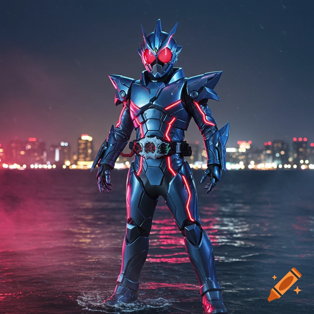 A photorealistic image of a silver-blue futuristic shark-themed tokusatsu hero in armor, standing in water with a city skyline at night.