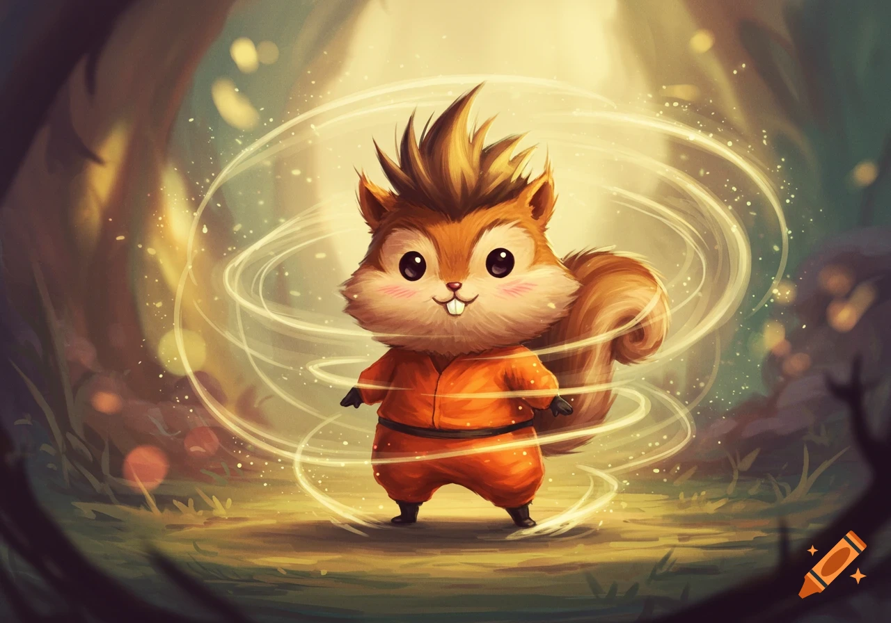 A cute, chubby squirrel character in an orange jumpsuit with spiky hair, big eyes, and rosy cheeks, surrounded by swirling golden energy in a forest.