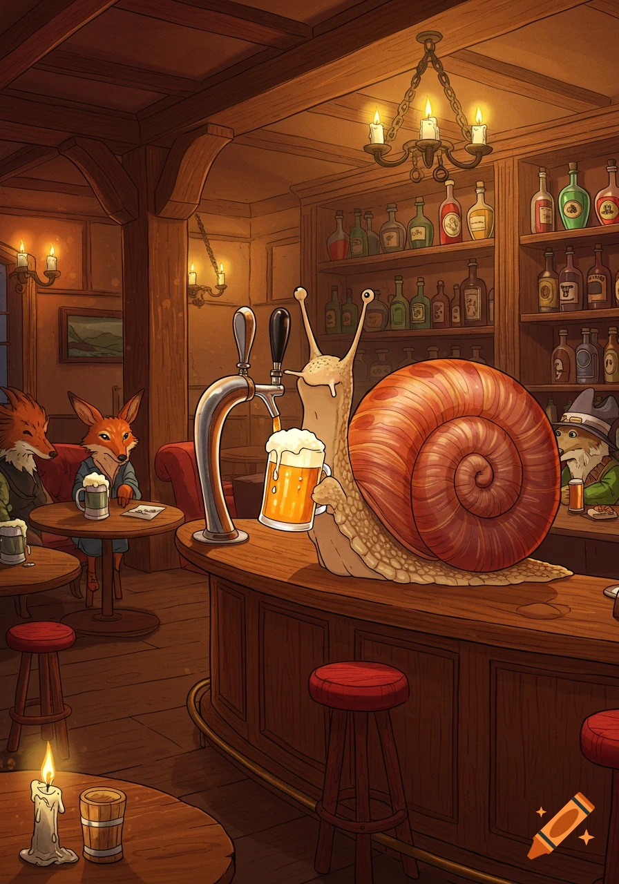 A cartoon snail bartender pours beer for a customer in a cozy, dimly lit pub, with foxes and a gnome sitting at tables.