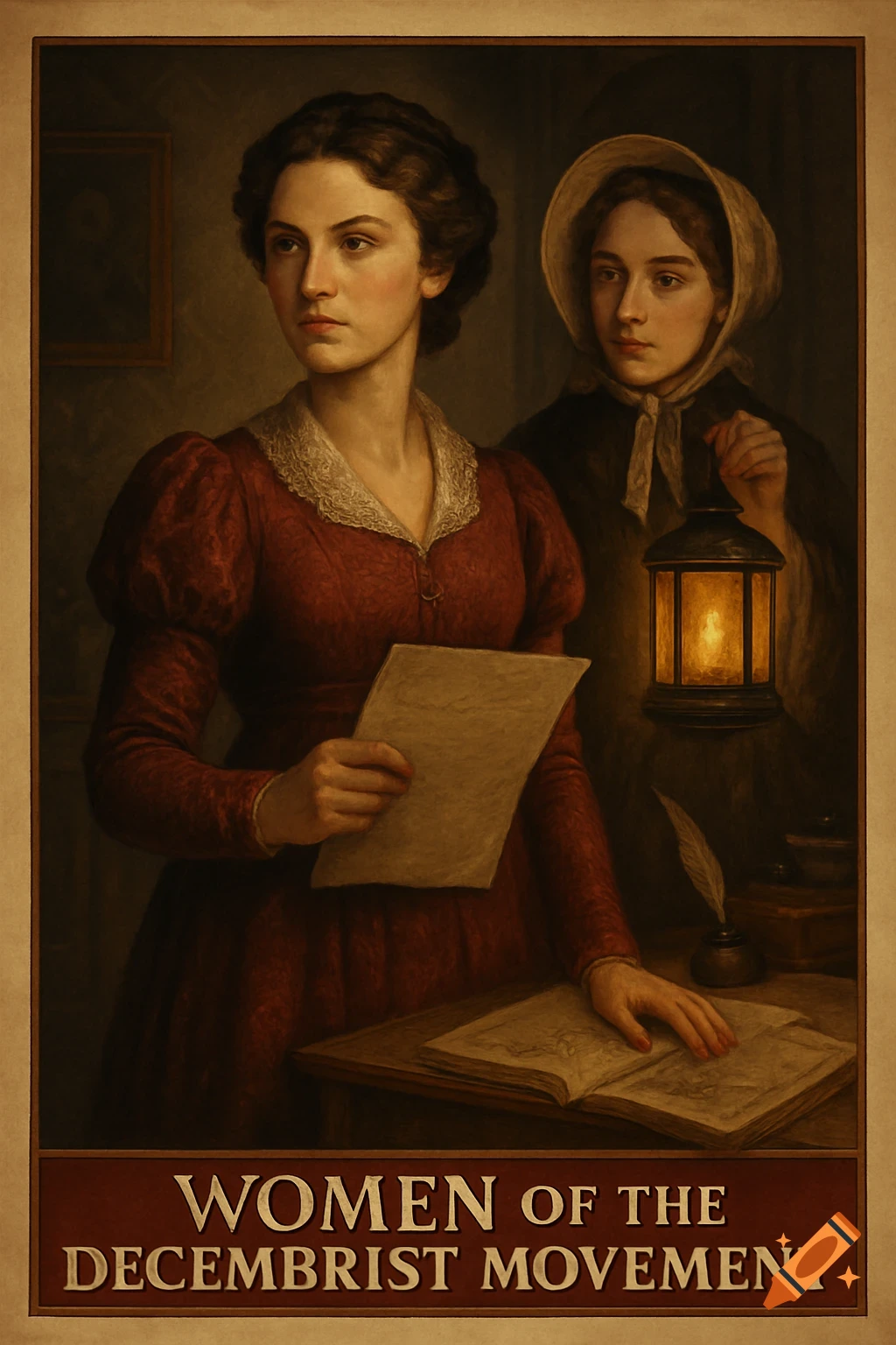 Classical art painting of two women in 19th-century attire, one holding papers, another a lantern, with text "WOMEN OF THE DECEMBRIST MOVEMENT".