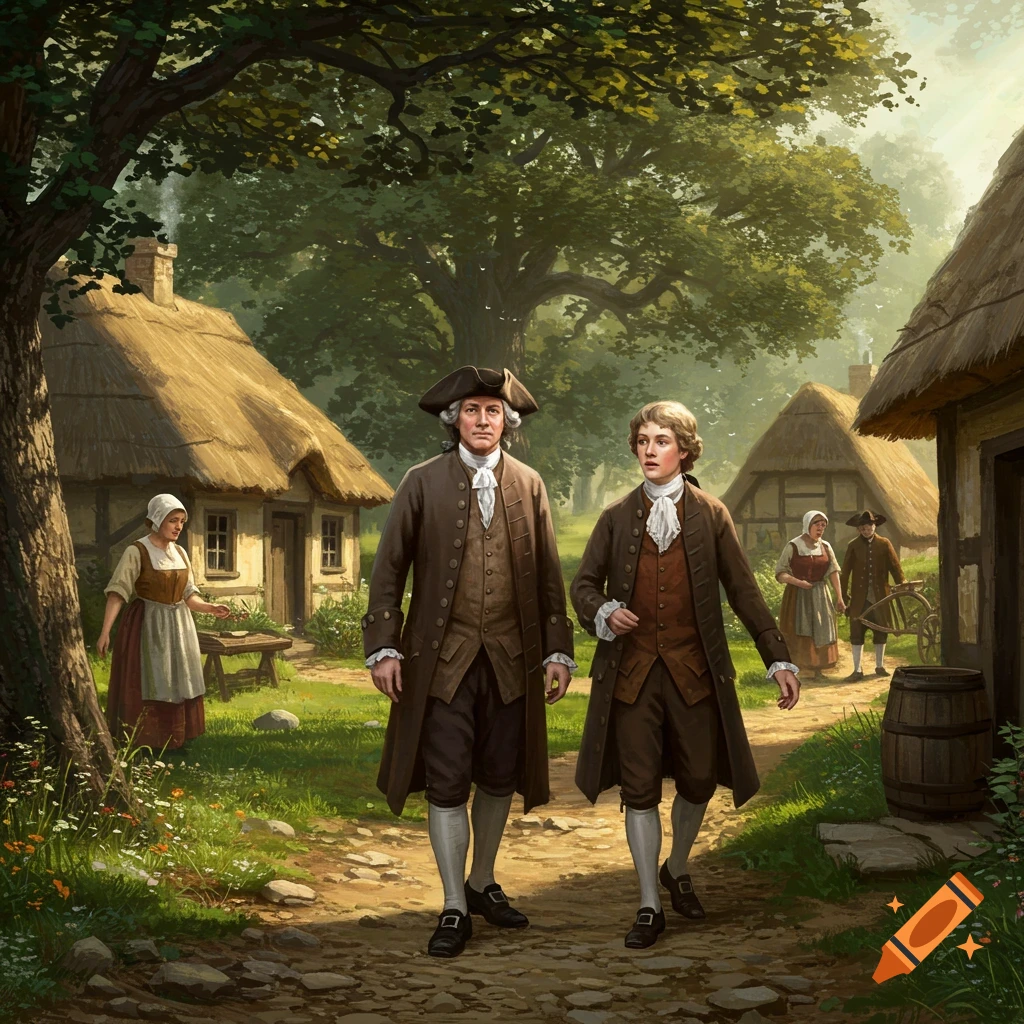 Two men in 18th-century coats and tricorn hats walk down a path in a rural village with thatched houses, a painting.