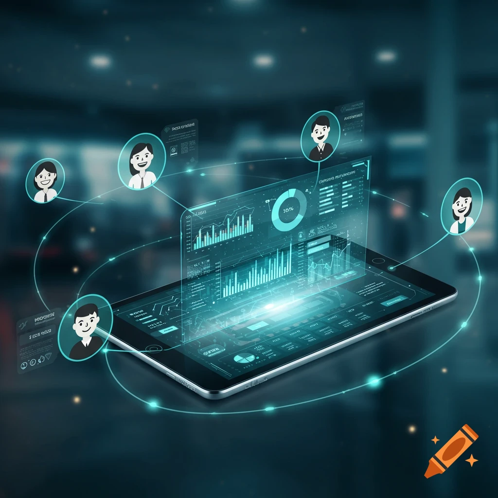 Holographic data visualization with charts and connected user profiles emerging from a tablet.