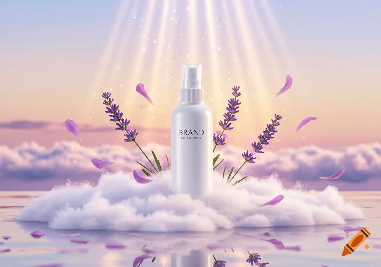 White spray bottle with lavender flowers and petals on clouds over reflective water, illuminated by light rays from a sunset sky.