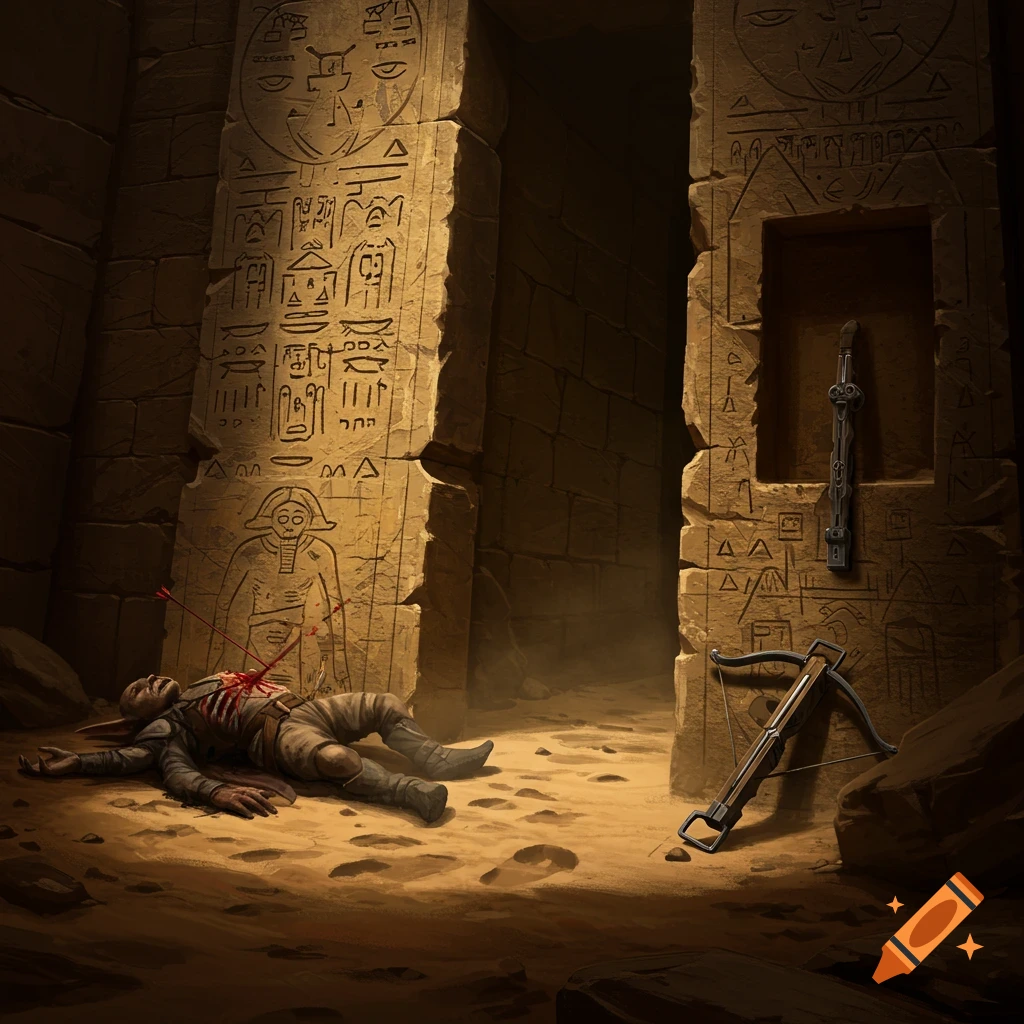 A dead hobgoblin lies on the sandy floor of an ancient, dimly lit pyramid passage, struck by several crossbow bolts. Hieroglyphs are carved into the stone walls, and a crossbow leans against a niche.
