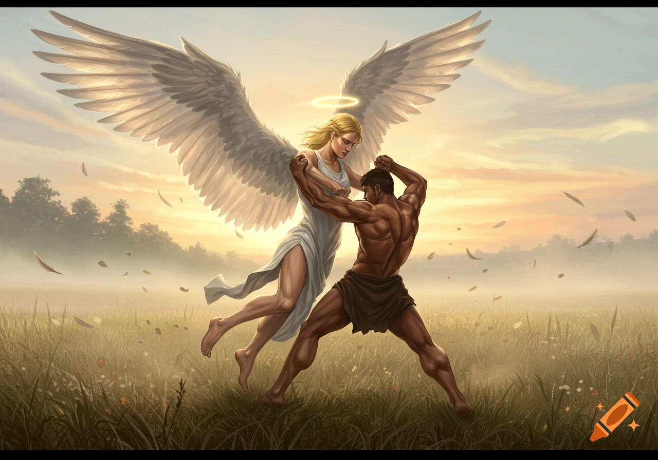 A muscular man wrestles with a winged angel in a grassy field at sunrise, feathers falling around them.