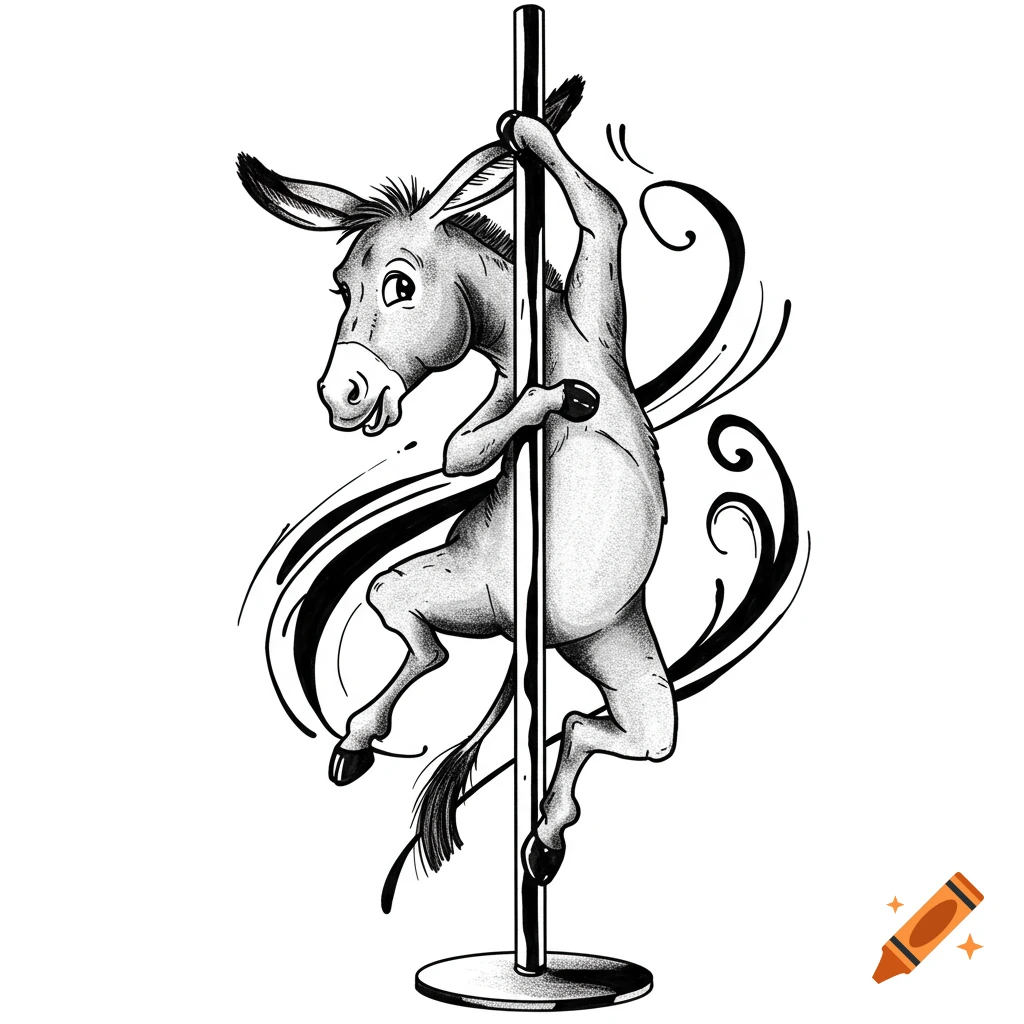 Black and white cartoon illustration of a donkey pole dancing with decorative swirls.