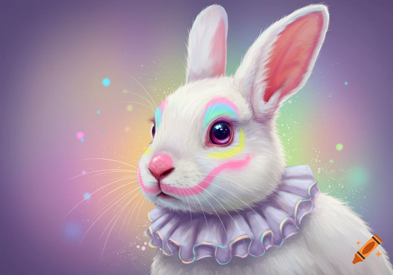 Close-up of a white rabbit with colorful pastel and neon clown makeup and a ruffled collar, against a dreamy pastel background.