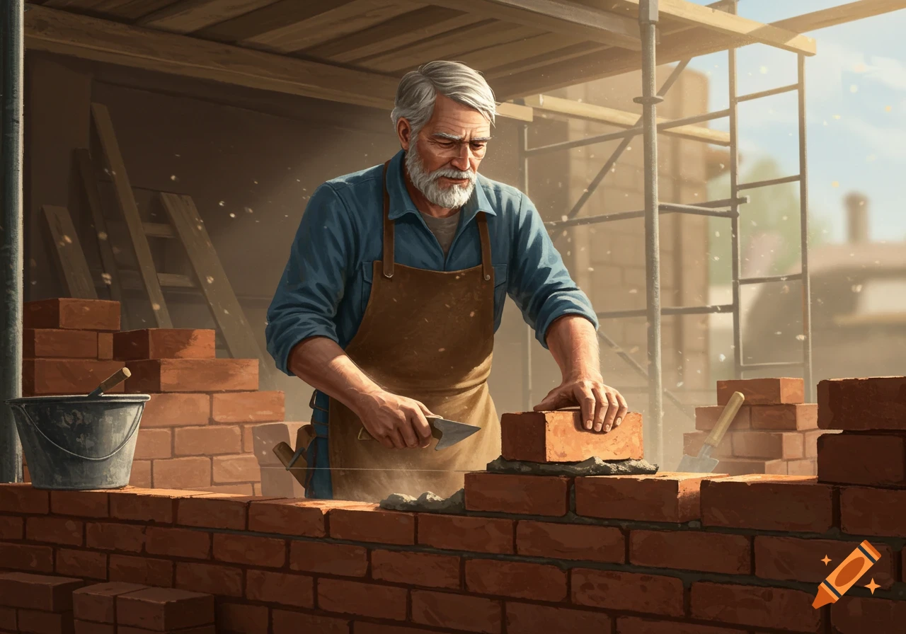 An older mason with a white beard carefully lays bricks on a construction site, with scaffolding in the background.