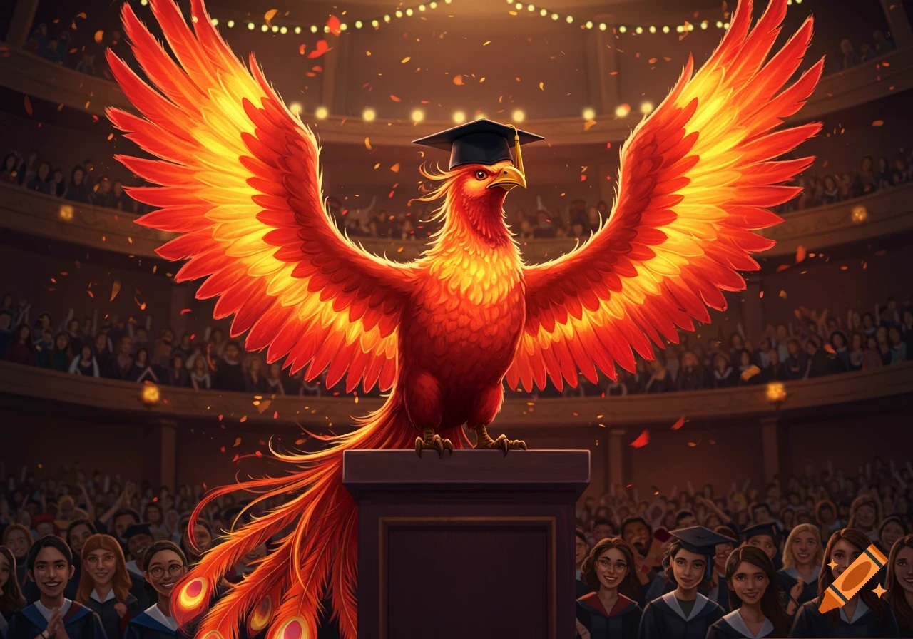 A majestic fiery phoenix wearing a graduation cap stands on a podium in a brightly lit auditorium, with a cheering crowd of graduates.
