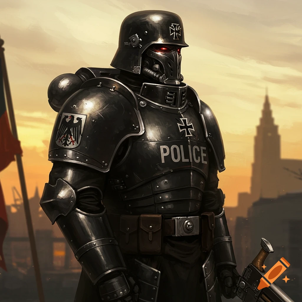 An armored military police officer in dark, ornate armor with a helmet and glowing red eyes, carrying a weapon. German Empire emblems are visible on the shoulder and helmet. A flag and city skyline are in the background under a sunset sky.