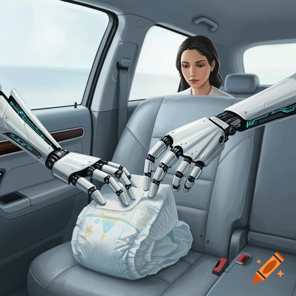 Digital illustration of two robot hands touching a baby diaper on a car seat, with a woman looking from the back.