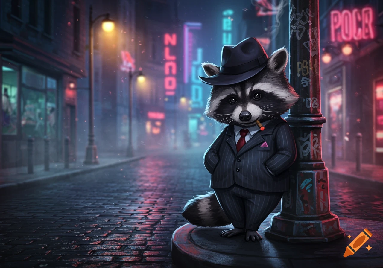 A cartoon gangster raccoon in a pinstripe suit and fedora leans against a lamppost on a wet, neon-lit city street at night, smoking a cigar.