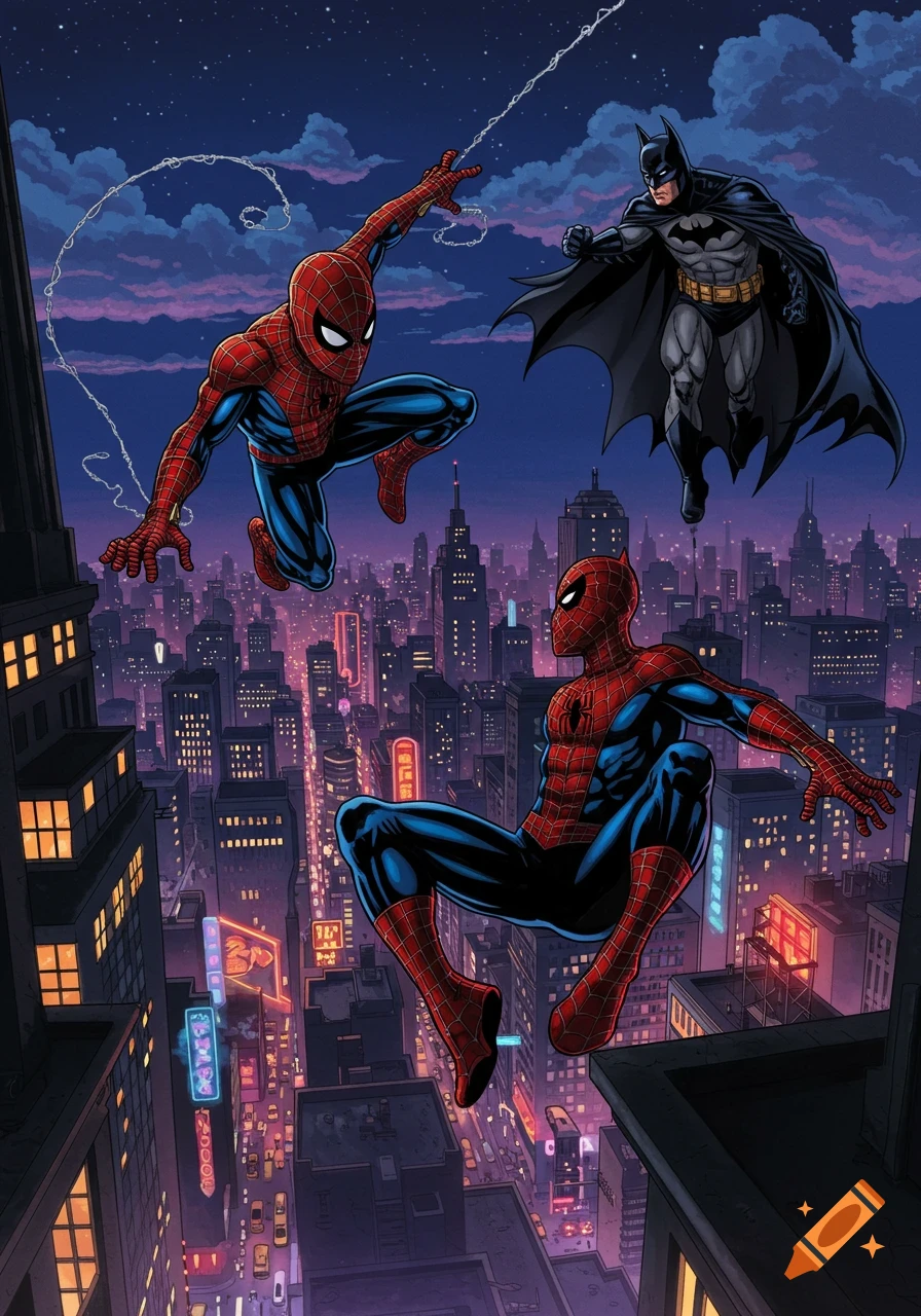 Spider-Man and Batman leap over a vibrant, neon-lit city at night, in a dynamic comic book art style.