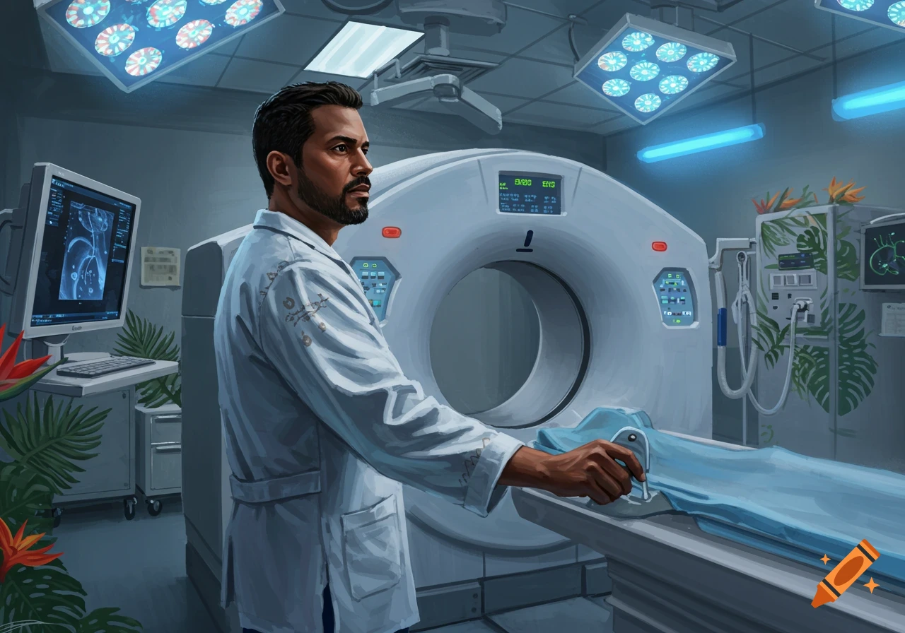 A man in a lab coat operates a CT scan machine in a medical room with monitors and tropical plants. Illustrated style.