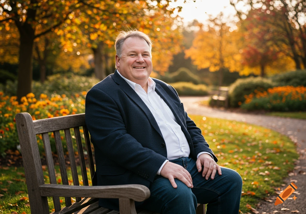 A smiling middle-aged man in a suit jacket sits on a wooden park bench, surrounded by autumn trees and flowers.