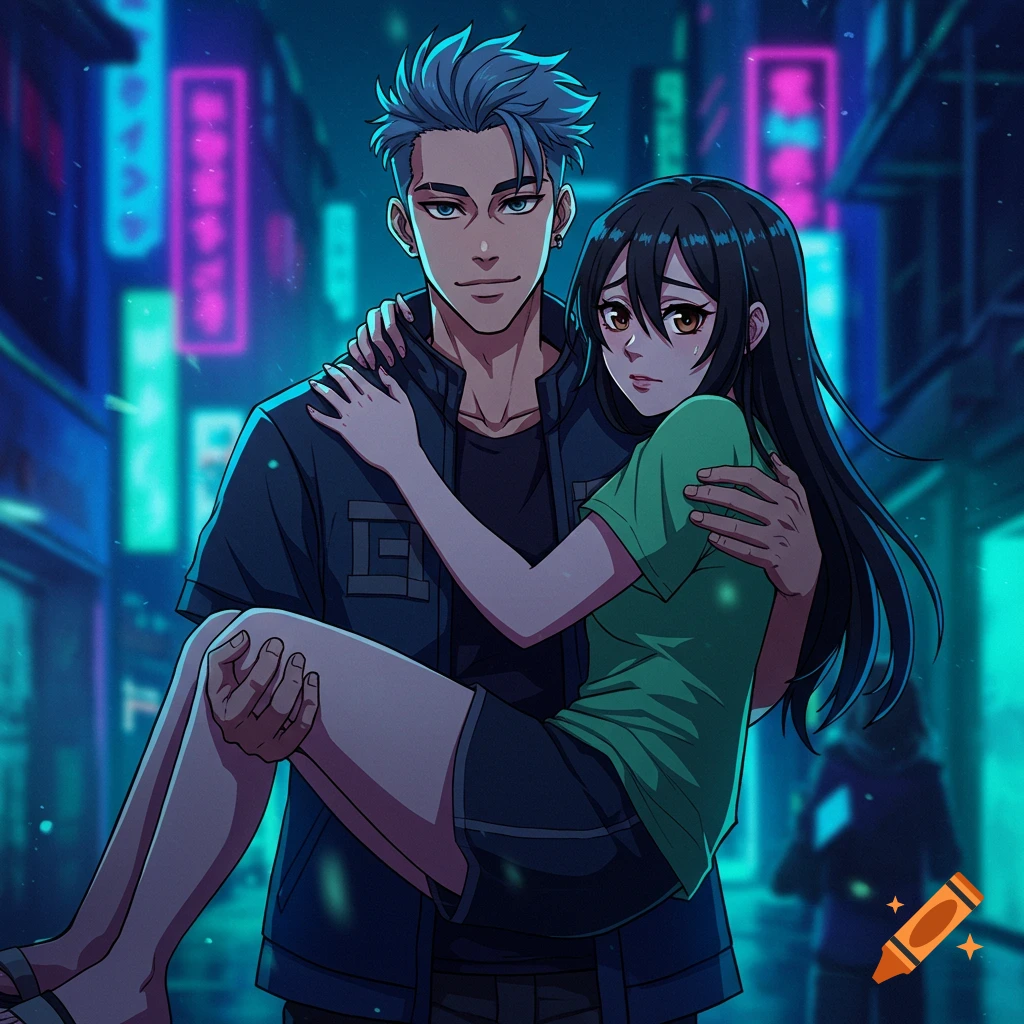 A male anime character with blue hair holds a distressed female anime character with long black hair in a neon-lit urban alley at night.