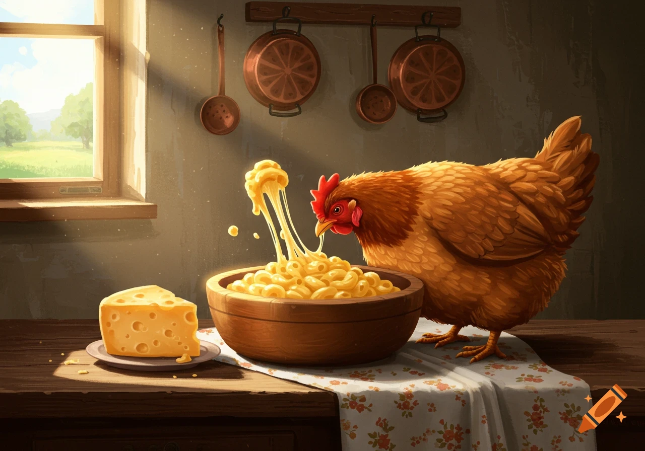 An illustration of a brown chicken eating gooey mac and cheese from a wooden bowl in a rustic kitchen, with cheese on a plate.