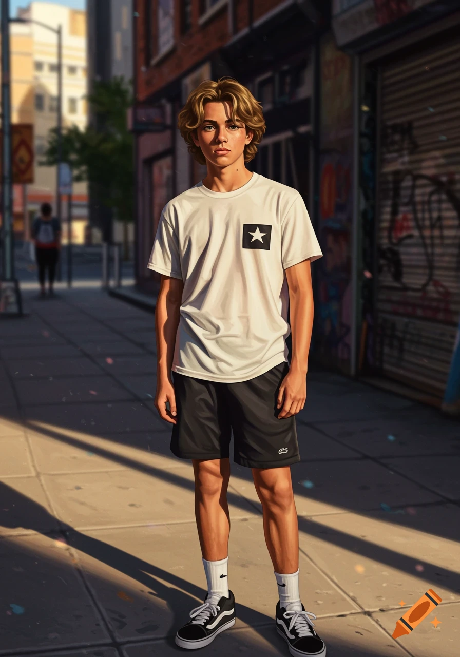 A young man with wavy dirty blonde hair stands on a sunlit urban sidewalk, wearing a white t-shirt, black shorts, and sneakers.