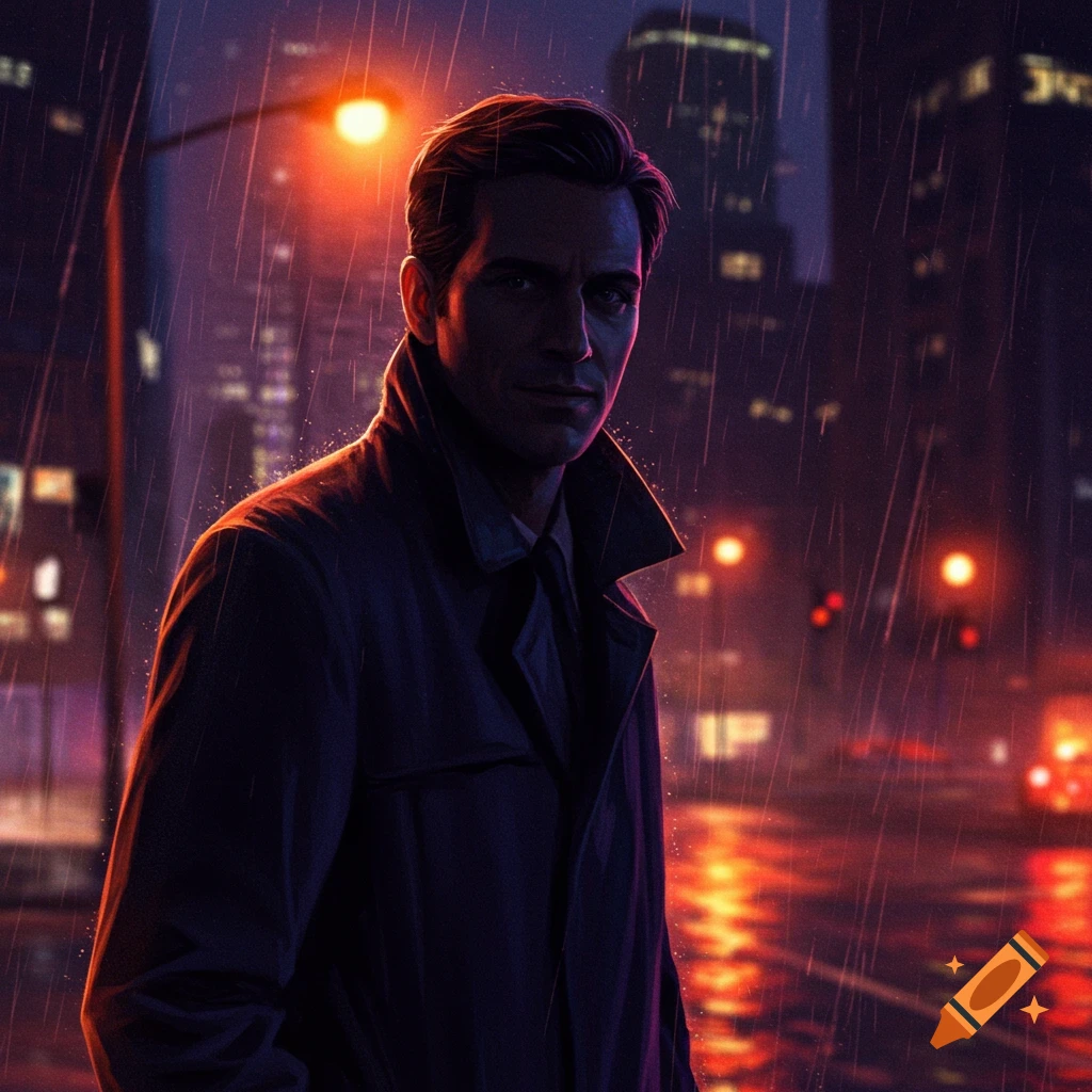 Stylized illustration of a man in a trench coat on a rainy city street at night, lit by orange streetlights.