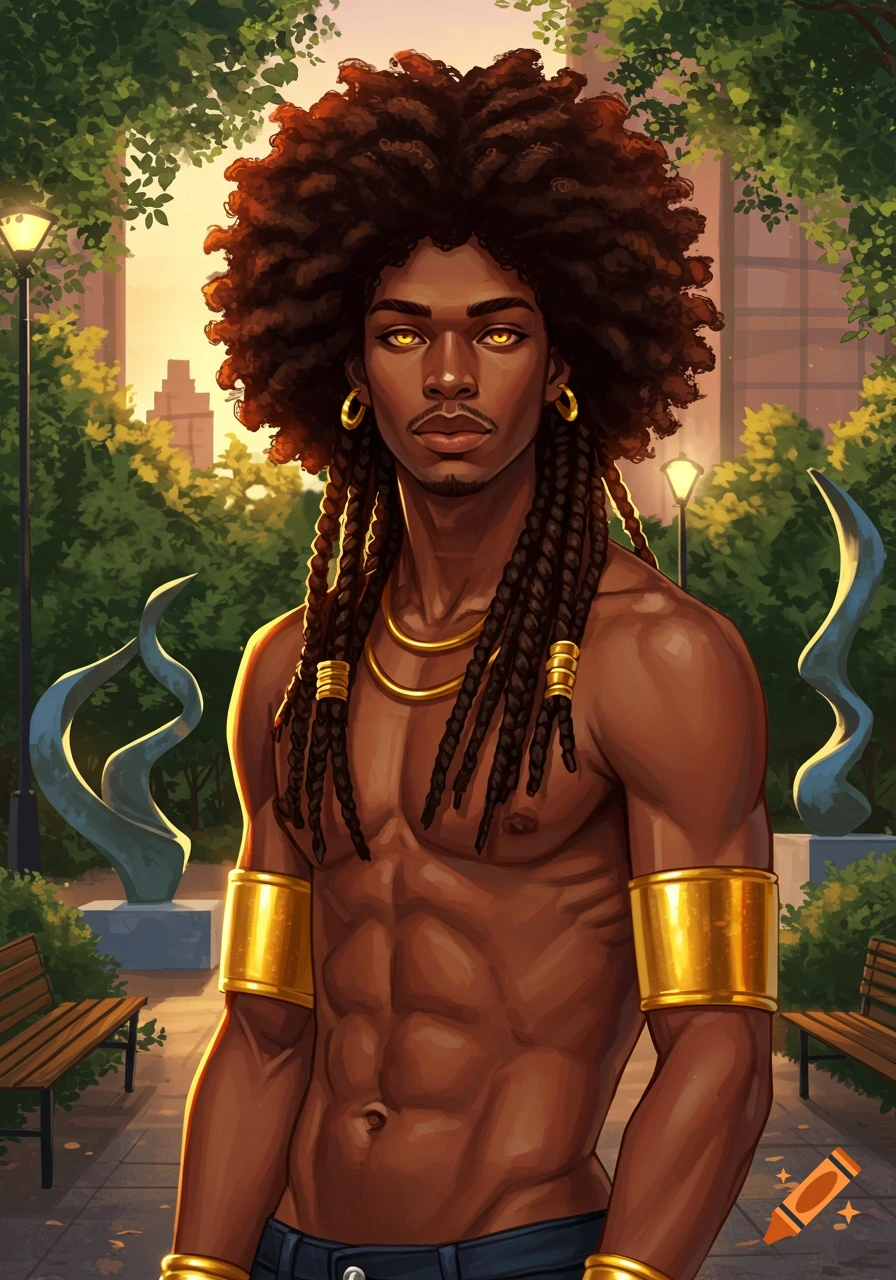 Illustrative portrait of a dark-skinned man with large Afro hair, braids with golden cuffs, and amber eyes, standing in a sunny park.