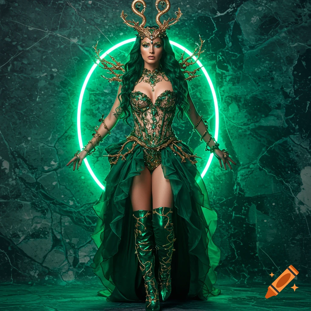 A woman in an intricate green and gold fantasy costume with antlers and a corset, illuminated by a neon ring against a dark marble background.
