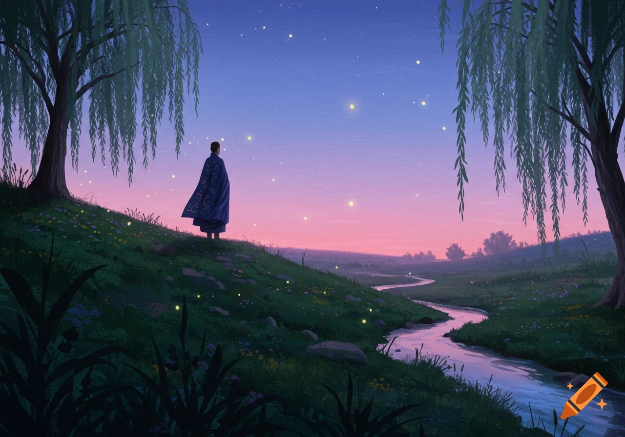 A person in a blue cloak stands on a grassy hill, gazing at a winding river under a twilight sky with willow trees and glowing fireflies.
