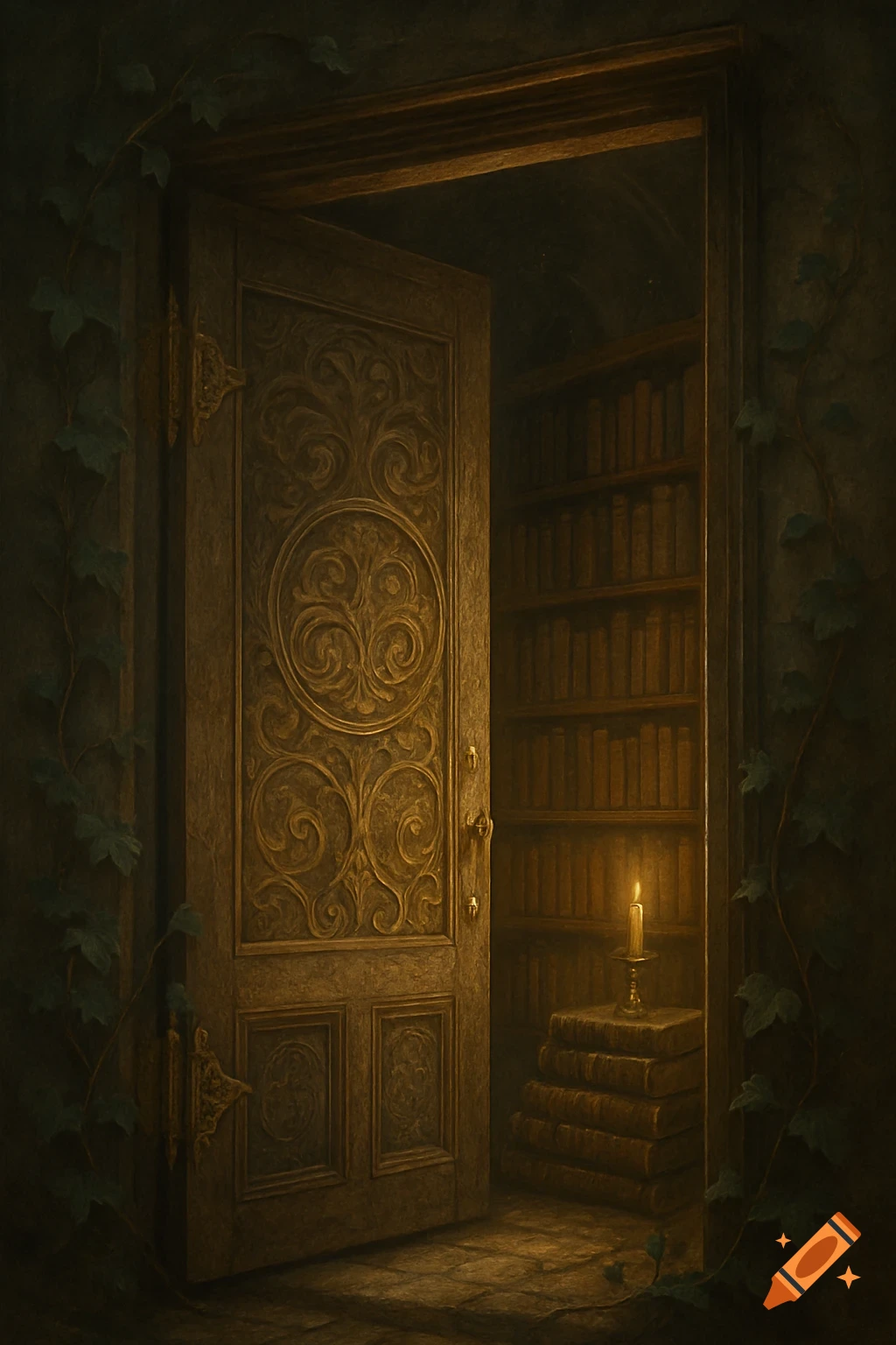 Ornate wooden door opens to a dimly lit library with bookshelves, a stack of books, and a single candle, in a painterly style.