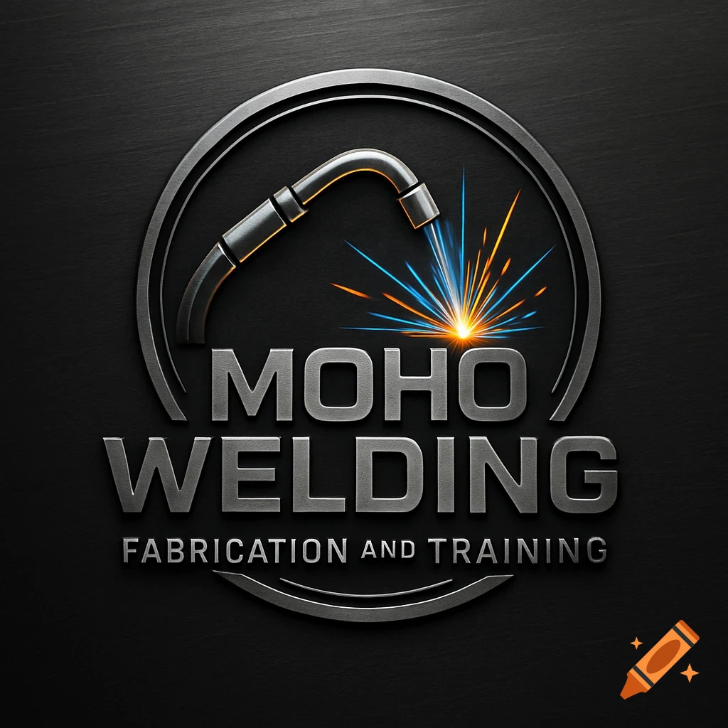 Metallic logo for Moho Welding Fabrication and Training, featuring a welding torch and bright sparks on a dark, textured background.