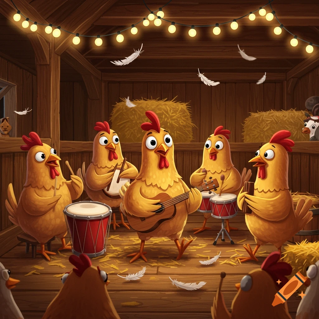 Cartoon chickens in a barn playing various musical instruments under string lights.
