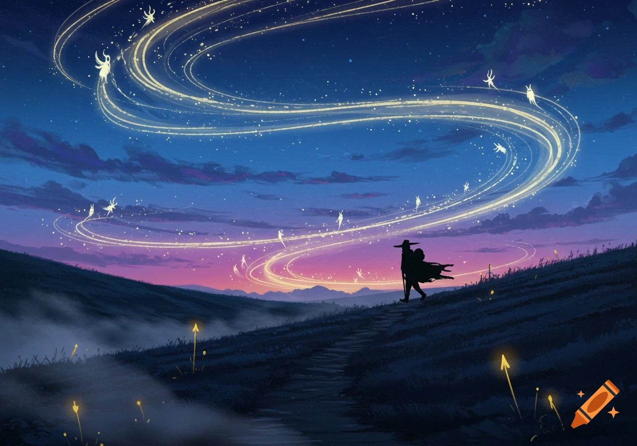 A silhouette of a figure in a hat and cloak walks up a winding path on a dark hill under a vibrant purple and blue twilight sky, with glowing ethereal beings and swirling light trails above.