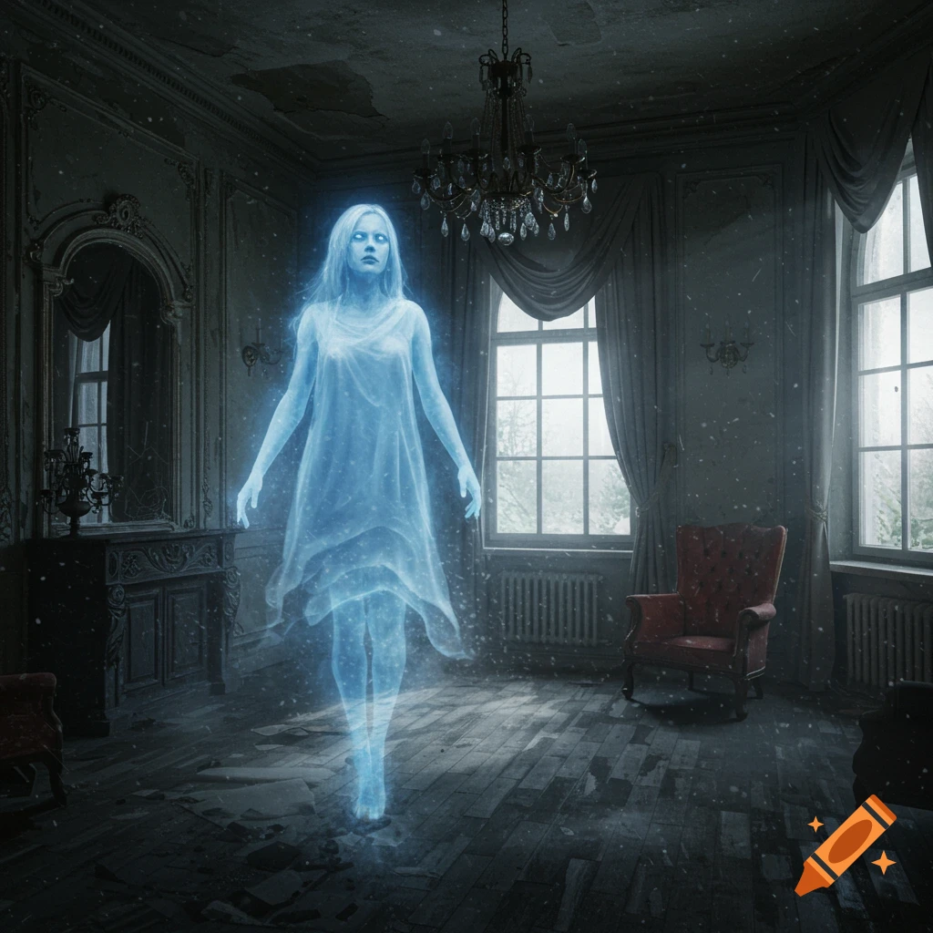 A glowing blue spectral ghost of a woman floats in a dimly lit, decaying gothic room with large windows.