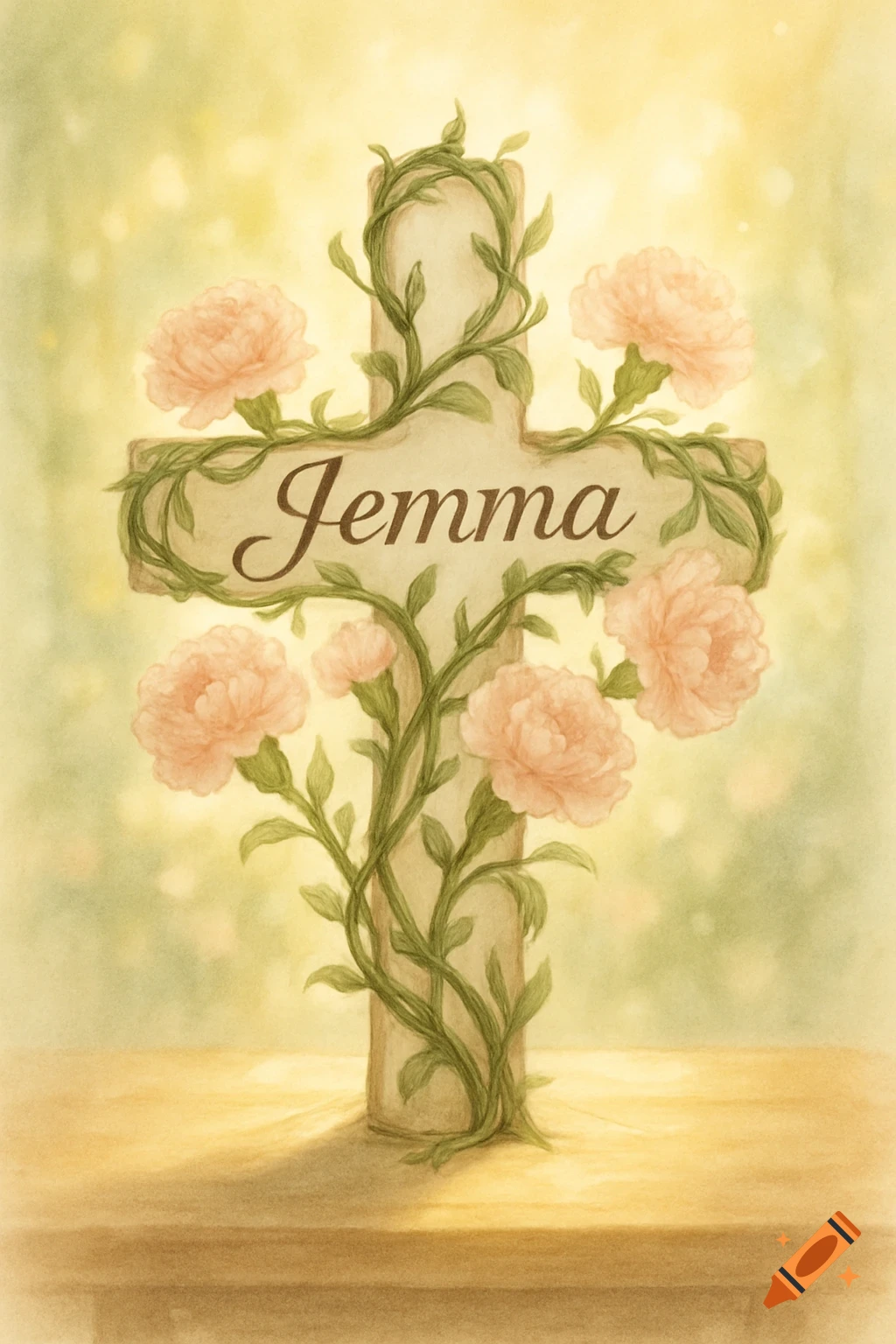 Watercolor illustration of a cross entwined with vines and light pink carnations, featuring the name 'Jemma'.