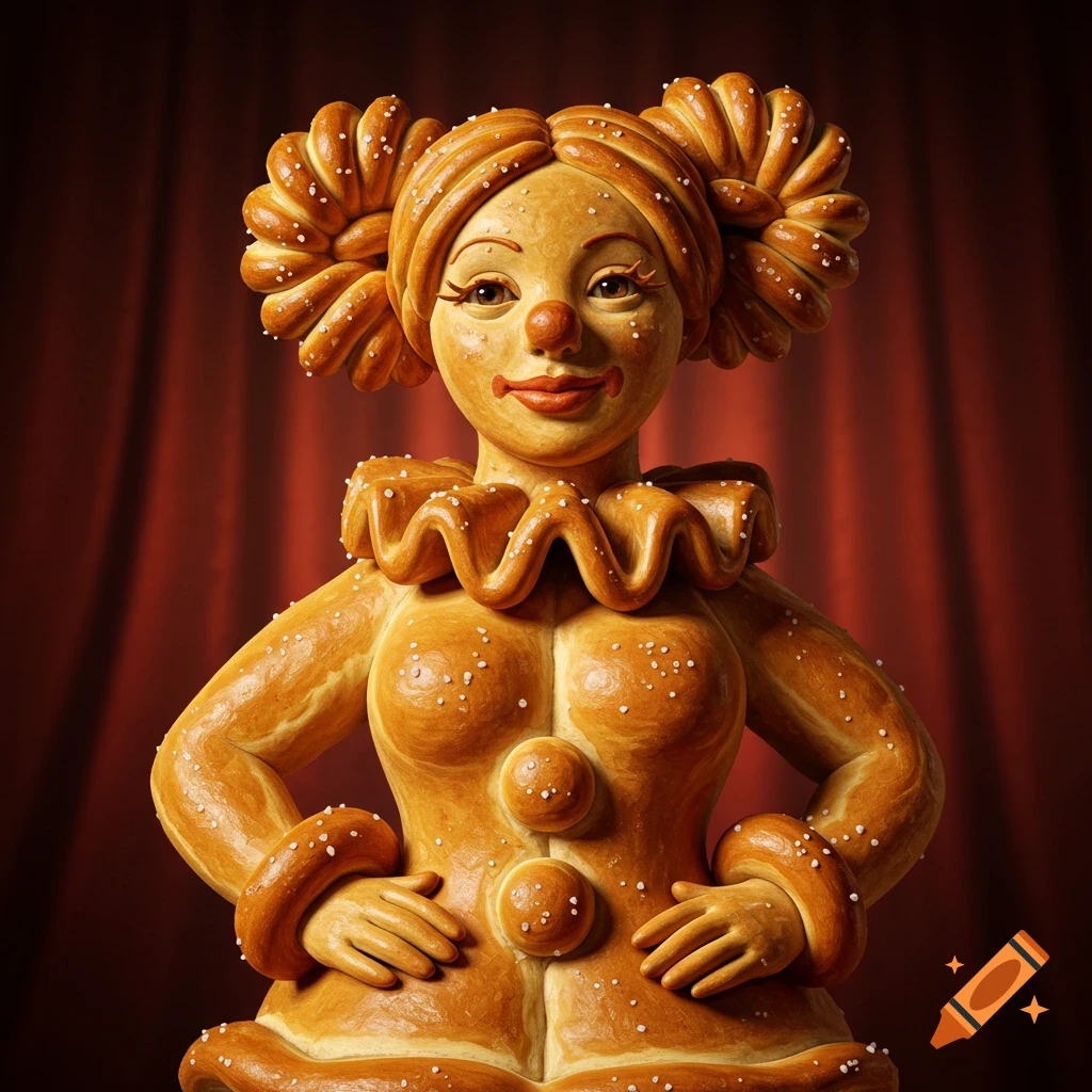 Hyperrealistic sculpture of a female clown made from golden pretzel dough with salt crystals, against a red curtain.