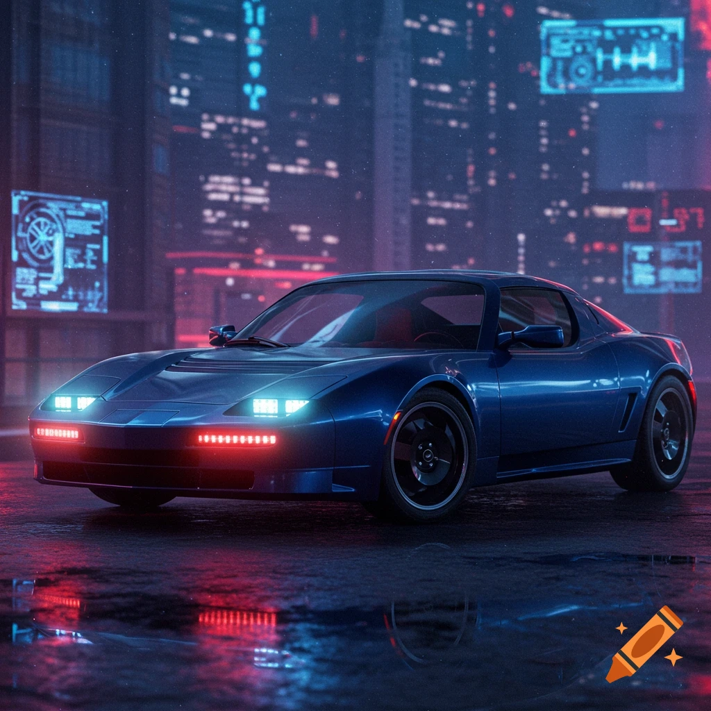 A sleek blue sports car with glowing headlights and taillights sits on a wet, reflective surface in a dark, neon-lit cyberpunk city.