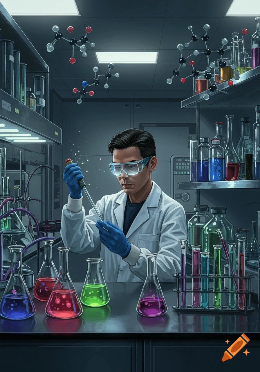 A male scientist in a lab coat and safety goggles works with a pipette, surrounded by colorful liquids in beakers, flasks, and chemical models in a dimly lit laboratory.