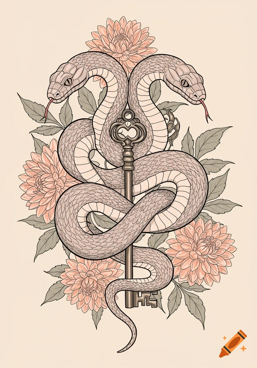 Stylized illustration of a two-headed snake wrapped around a vintage skeleton key, adorned with pink dahlia flowers and green leaves.