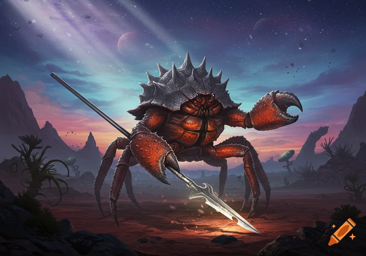 A fierce alien crab with a spiked grey shell and orange body holds a metal spear on a reddish alien planet.