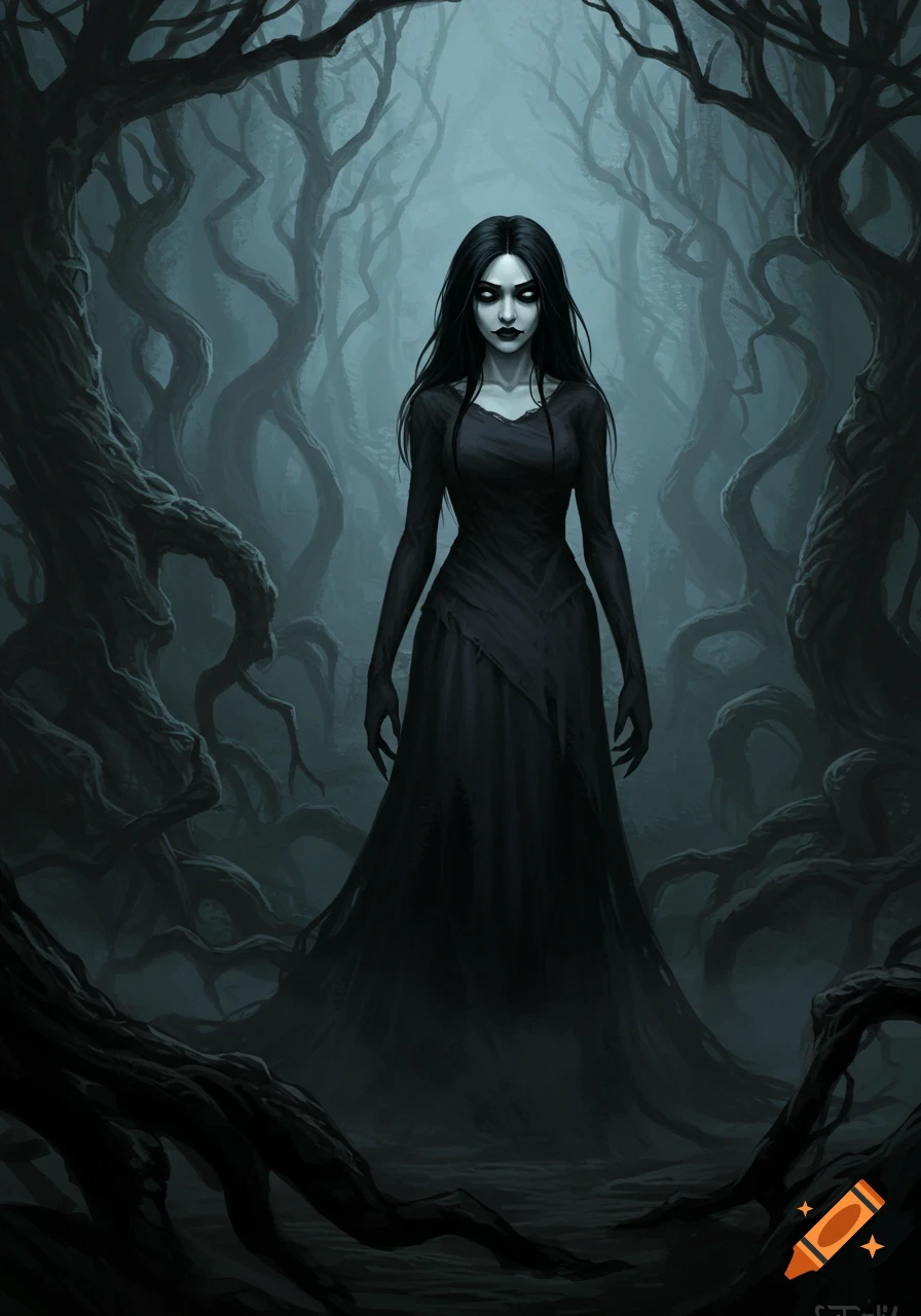 A pale woman with long dark hair and a black dress stands ominously in a dark, twisted, misty forest.