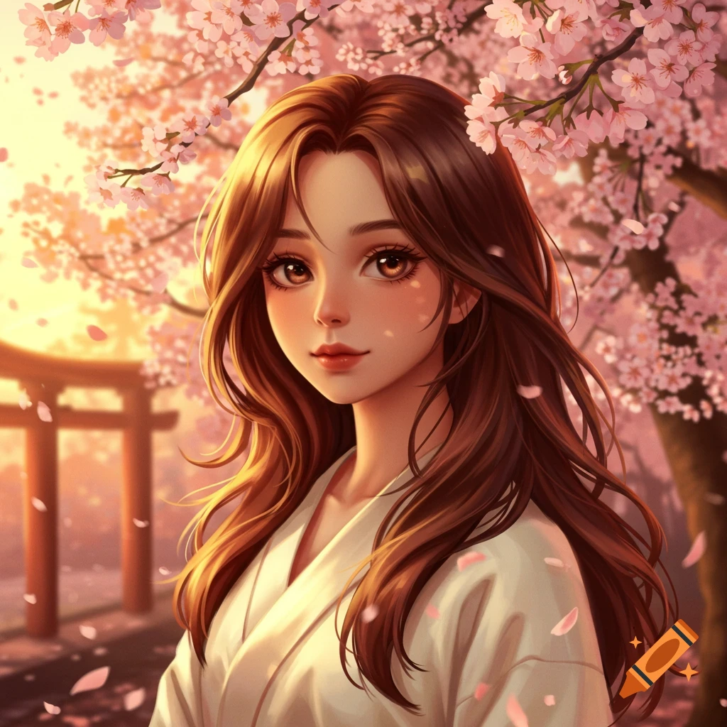 Anime girl with long brown hair in a white kimono under a cherry blossom tree with a torii gate at sunset, digital art.