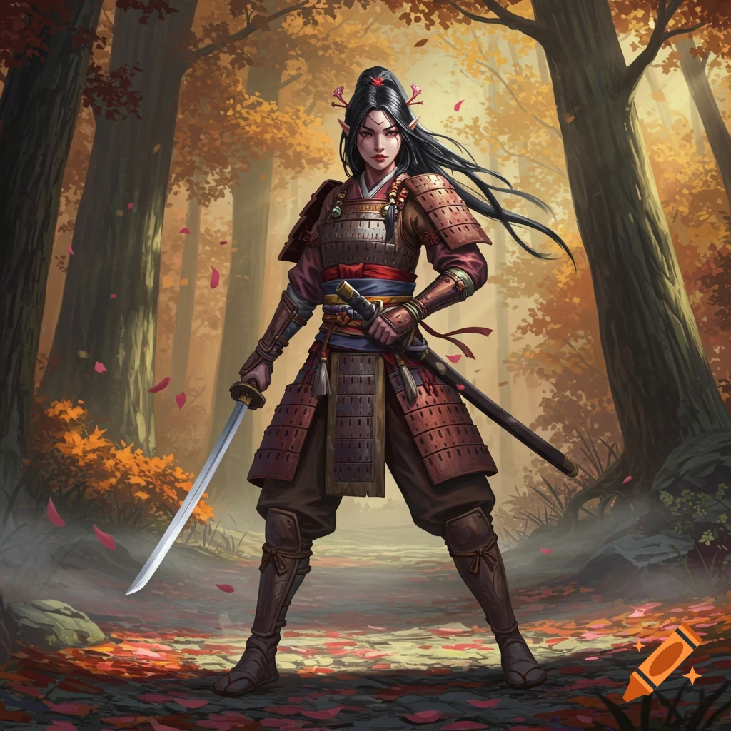 A detailed fantasy art piece of a female wood elf warrior in samurai armor, holding a katana, standing in an autumn forest.
