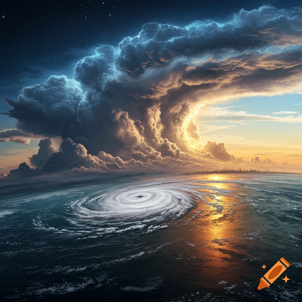 A colossal hurricane swirls over an ocean at sunset with towering, illuminated storm clouds above and a distant city skyline.