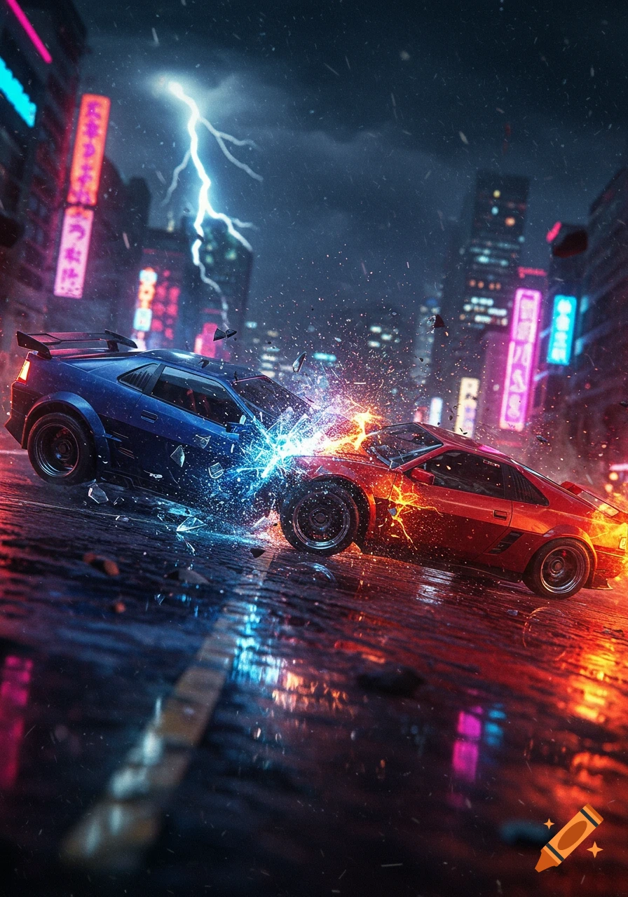 Two sports cars, one blue and one red, collide amidst flying debris and sparks on a wet, neon-lit cyberpunk city street under a lightning strike.