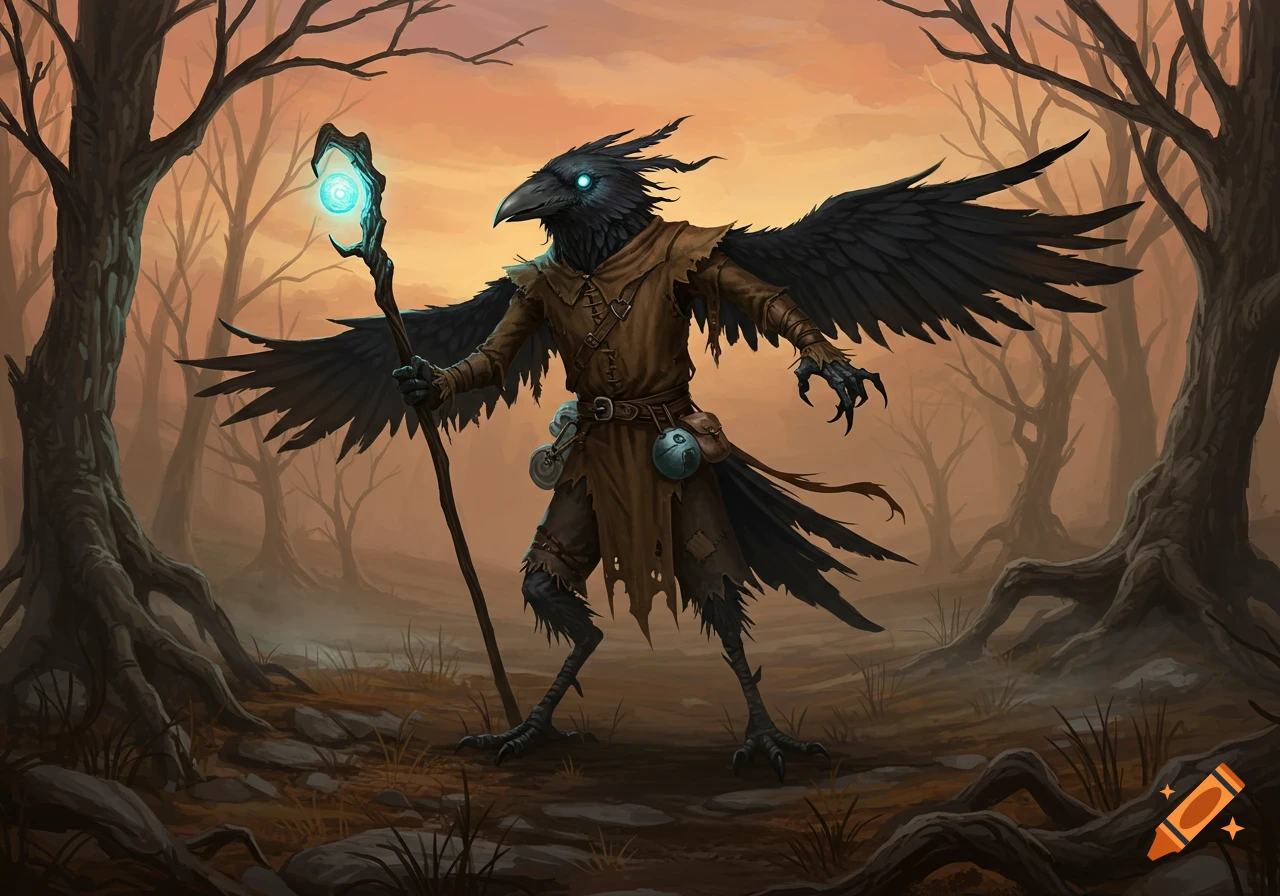 A crow-headed wizard-like creature holding a glowing staff stands in a barren, misty forest. Digital painting.